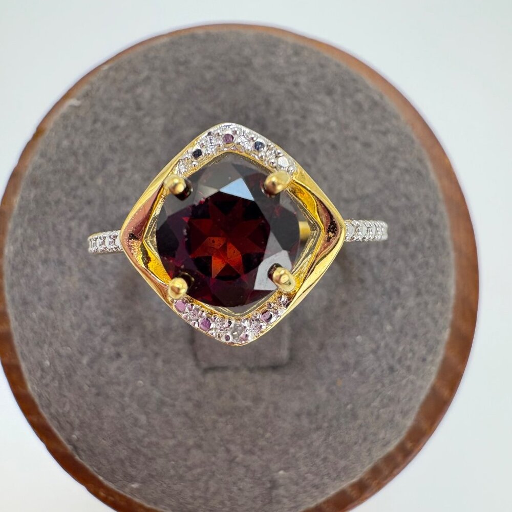 PAJ Garnet & CZ Halo Ring Statement Ring Gold Plated Sterling Silver 925 Sz 6